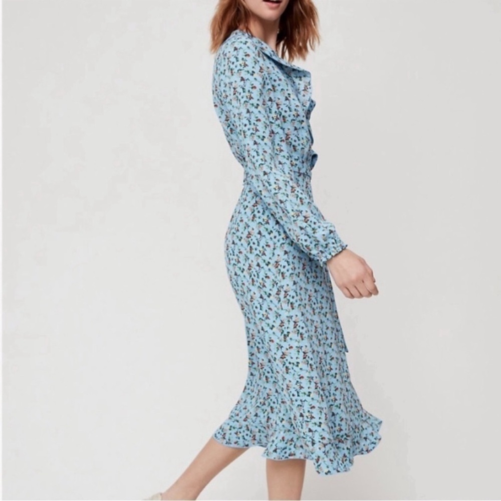 Little Moon Blue Elm Floral Wrap Midi Wrap Women Longsleeves Ruffle Dress Sz XXS - Picture 6 of 16